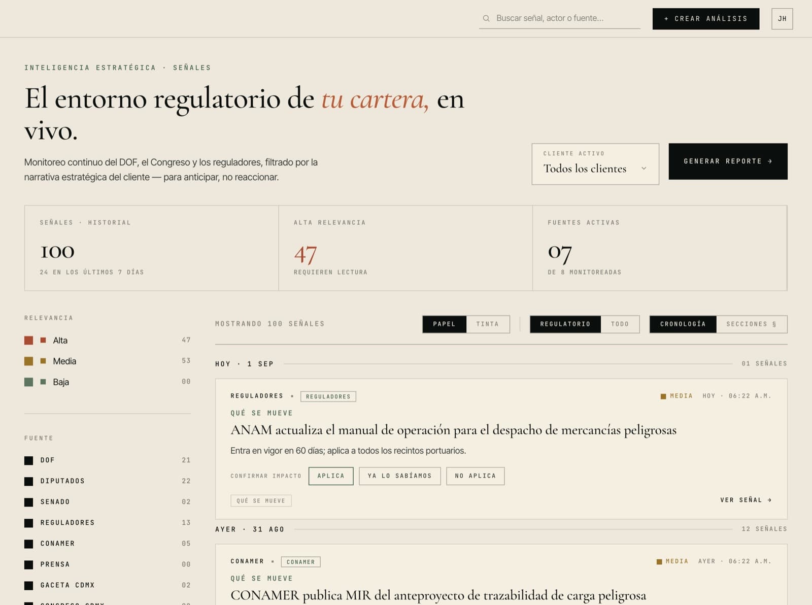 Feed de señales de Cicero con señales de reguladores y CONAMER sobre carga peligrosa